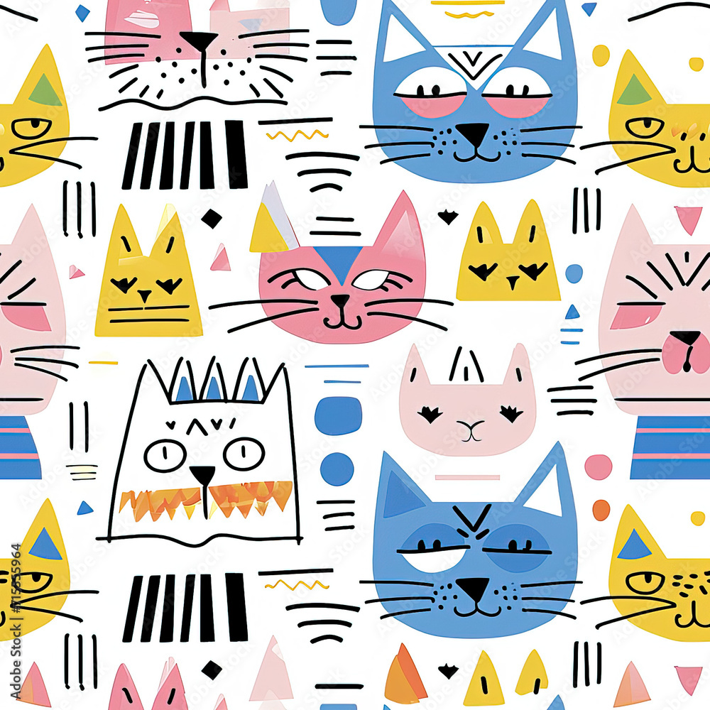Fototapeta premium Cute cat line art simple minimalistic repeat pattern 