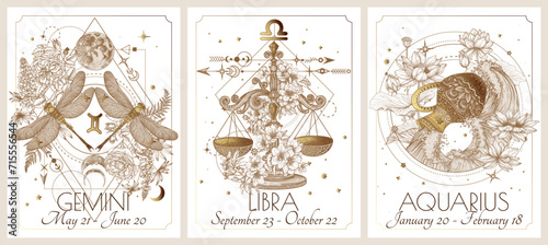 Vector illustration of zodiac in flowers signs card. Air signs: Gemini, Libra and Aquarius. Gold on a white background in engraving style