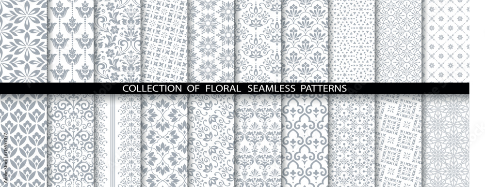 Geometric floral set of seamless patterns. White and gray vector backgrounds. Damask graphic ornaments - obrazy, fototapety, plakaty 