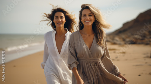 Beach, hug and elderly mother and daughter relax, bond and enjoy quality time freedom, peace or travel vacation. Mamas love, nature wind and happy family portrait of women #715557573