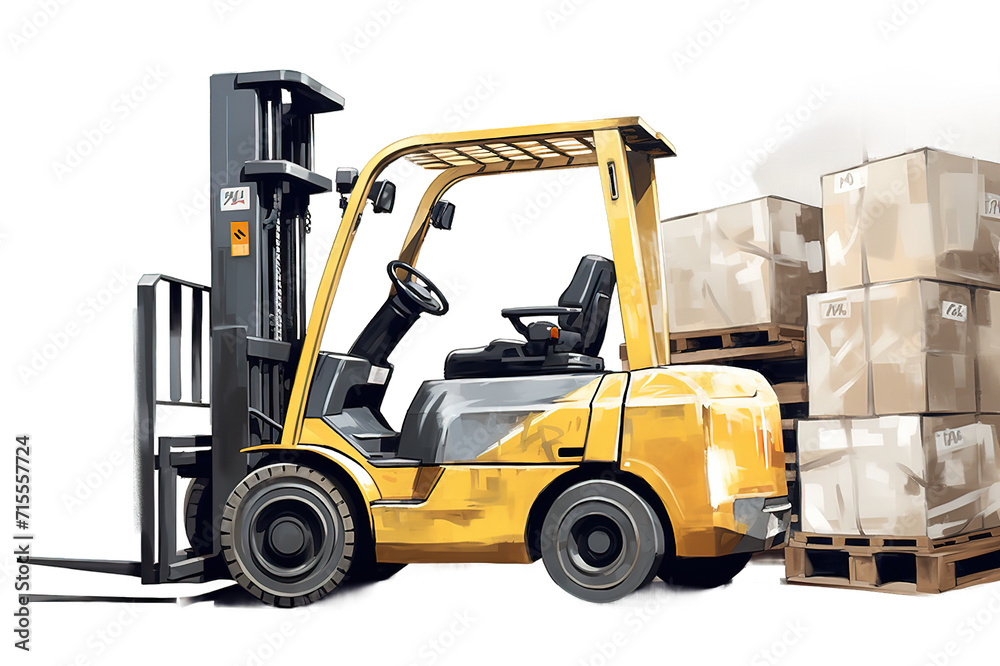 Forklift truck with boxes on pallet. Cargo. 3d isolated on a Transparent background. Generative AI
