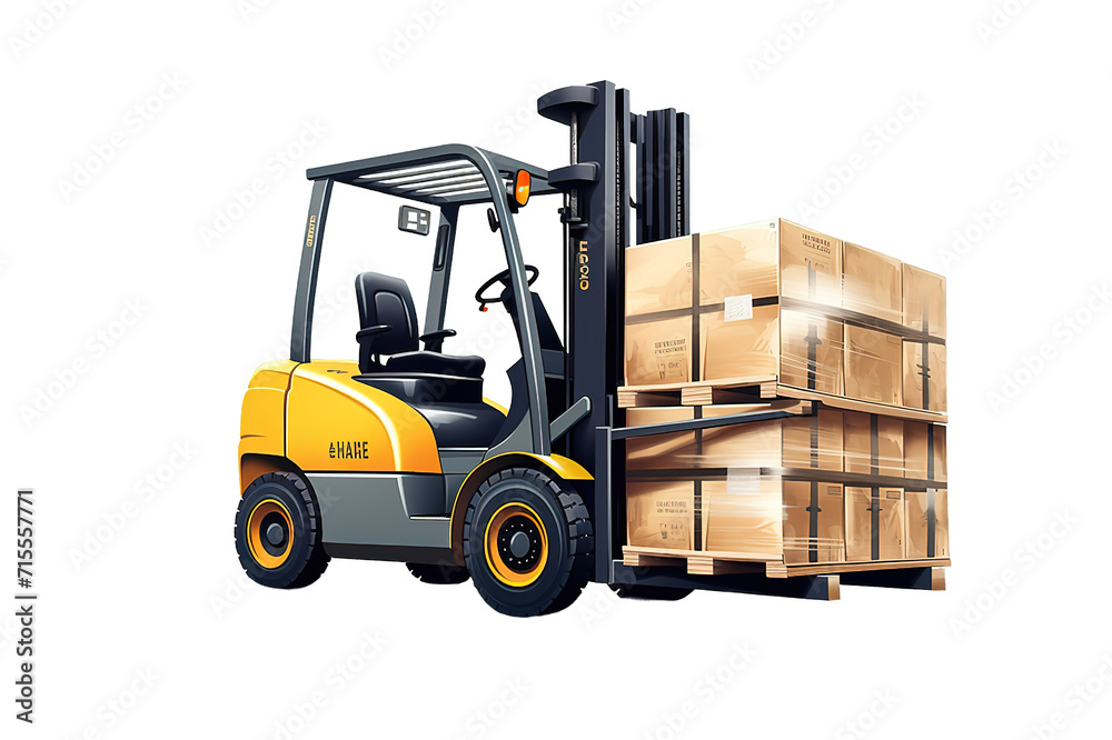 Forklift truck with boxes on pallet. Cargo. 3d isolated on a Transparent background. Generative AI