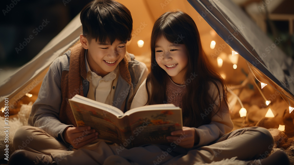 Father reading book to children on bed Father reading book to children on bed