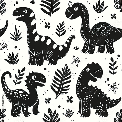 Dinosaur cartoon repeat pattern, cute black and white minimal