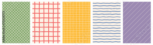 Hand drawn striped, checkered geometric background set, collection. Doodle, uneven artistic lines, straight and diagonal pinstripes, stripes, bars, streaks, waves. Check, plaid rectangle retro pattern