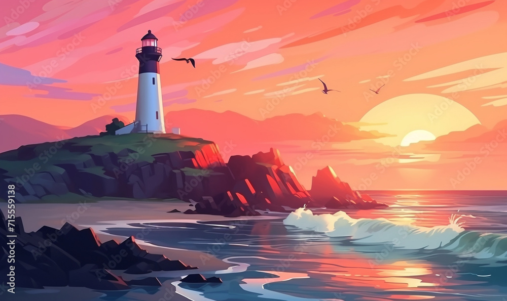 Beautiful sunset over the sea and a lighthouse Smiling man illuminated city confident enjoying The sun sets behind a rocky shore and birds flying beautiful scene.