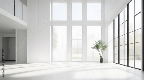Interior of modern bright room with white walls  concrete floor  large windows and white ceiling