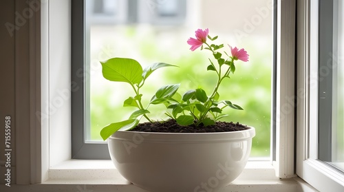 Plant in a white pot on the windowsill with green background