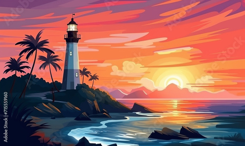 A visually stunning banner design highlighting an abstract background and illustration capturing the landscape with sea palm trees and sunset..
