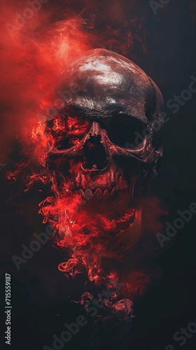 human skull on red background with fire and smoke