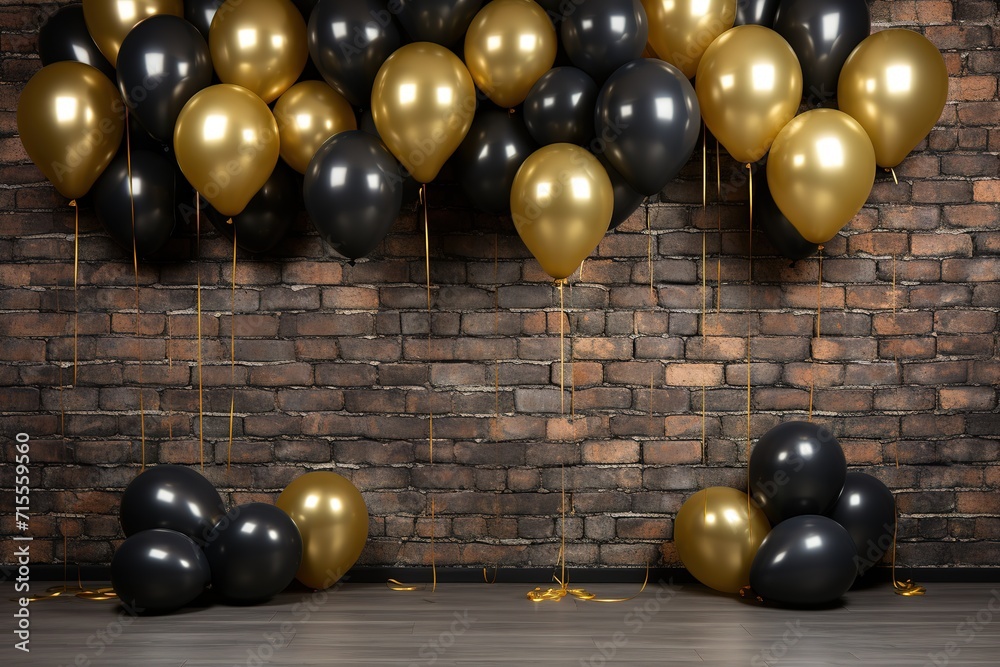 Naklejka premium gold colored balloons and black balloons on black background, invitation, backdrop