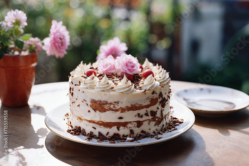 Generative AI illustration of beautifully decorated layer cake topped with pink roses on a wooden table with a sunny garden setting in the background photo