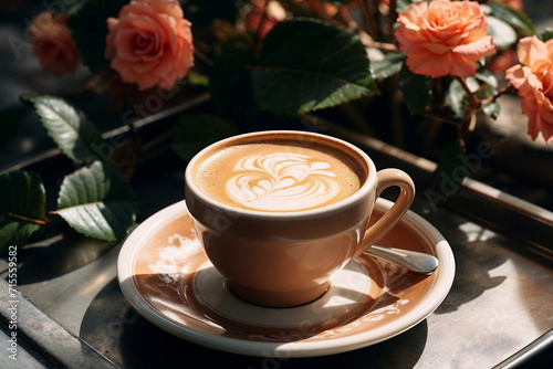Generative AI illustration of cappuccino with intricate latte art on a saucer over a metallic tray surrounded by blooming roses in soft sunlight photo