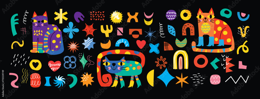 Bundle of abstract trendy doodle art. Set of hand drawn cats, eyes, curves, shapes, objects, blobs. Design element. Flat vector cartoon illustration of the geometric shapes. Bundle of abstract trendy doodle art. Set of hand drawn cats, eyes, curves, shapes, objects, blobs. Design element. Flat vector cartoon illustration of the geometric shapes.