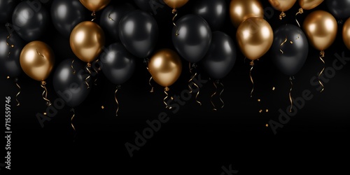 gold colored balloons and black balloons on black background, invitation, backdrop