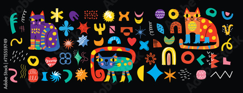 Bundle of abstract trendy doodle art. Set of hand drawn cats, eyes, curves, shapes, objects, blobs. Design element. Flat vector cartoon illustration of the geometric shapes.
