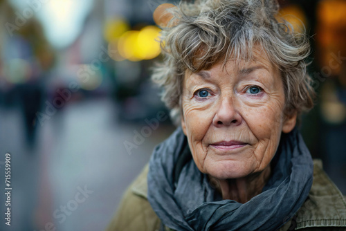 A contemplative portrait of a senior woman with short gray hair and a scarf, her eyes reflecting wisdom and life experience