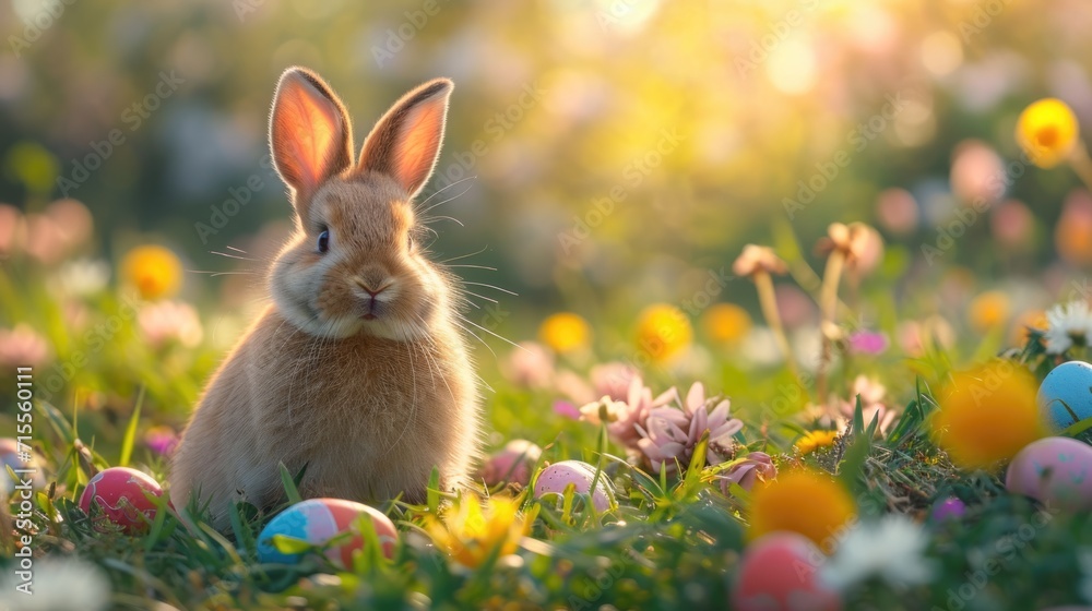 Adorable Easter bunny and Easter eggs, symbol of Easter are at green spring flower field in the morning sunrise. 