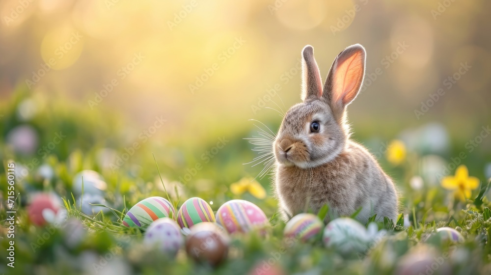 Adorable Easter bunny and Easter eggs, symbol of Easter are at green spring flower field in the morning sunrise. 