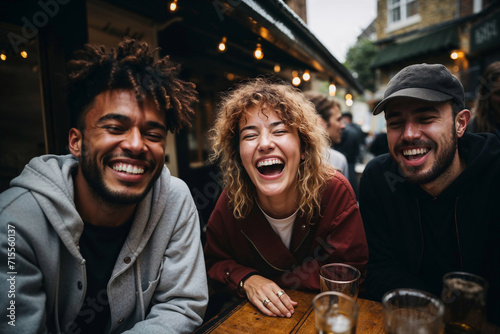 Generative AI illustration of three friends burst into laughter while enjoying each other company at a rustic outdoor pub embodying a sense of warmth