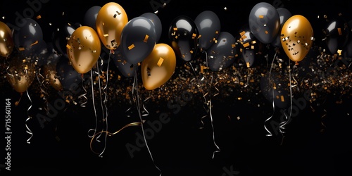 gold colored balloons and black balloons on black background, invitation, backdrop