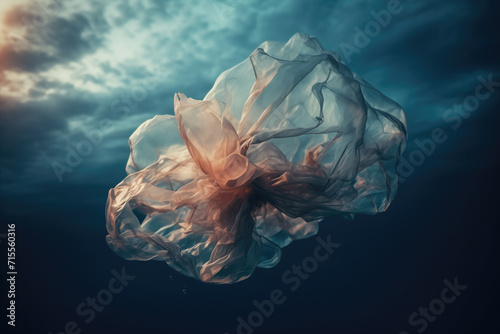 Ethereal plastic bag floating against a moody sky. Generative AI image photo