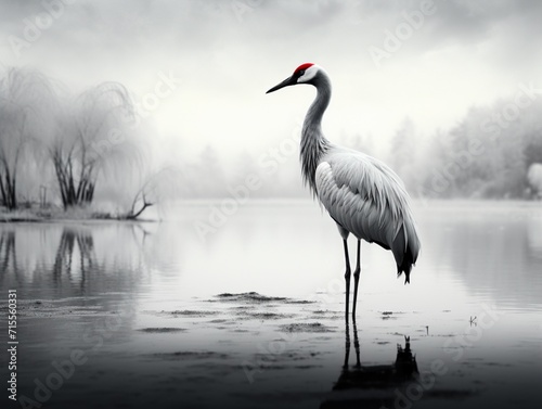 Beautiful crane bird in field water landscape winter background