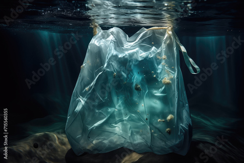 Plastic bag pollution under the sea. Generative AI image photo