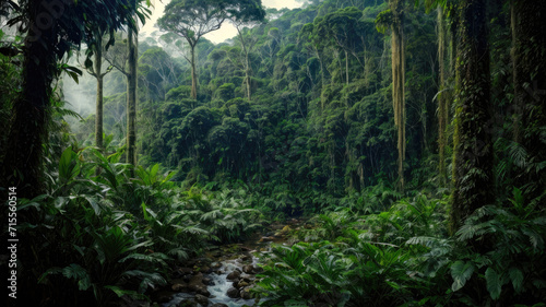 Tropical exotic rainforest landscape. Nature wallpaper design. Generative ai © designermetin