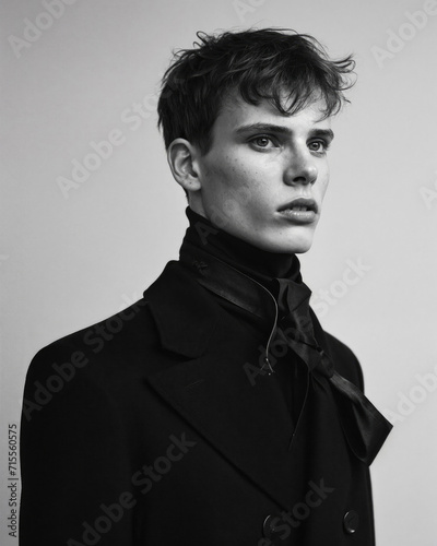 Monochrome portrait of a young model in stylish attire. Generative AI image