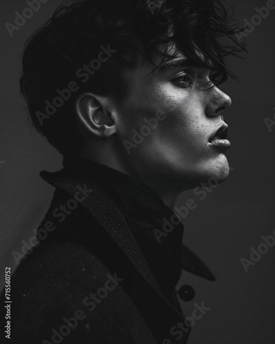 Intense profile portrait of a young person in shadows. Generative AI image