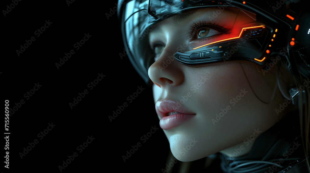 Captivating image a close up woman's face sci fi style. Futuristic artwork. The intricate details, and utilize soft lighting. A woman's attractive gaze. Black background. Captivating image a close up woman's face sci fi style. Futuristic artwork. The intricate details, and utilize soft lighting. A woman's attractive gaze. Black background.