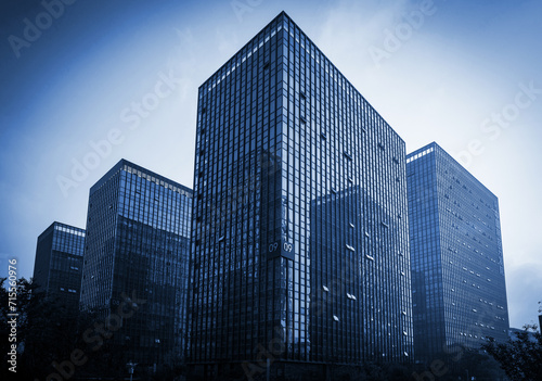 Glass exterior walls of financial center skyscrapers