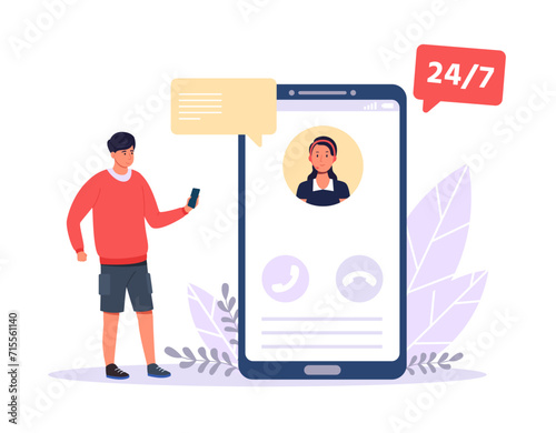 Online assistant. Cartoon man calling customer support for help. Woman in headset supporting client. Smartphone screen