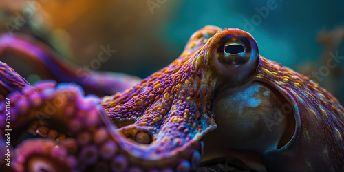 Generative AI illustration of close up of a textured octopus with a striking purple hue nestled among marine flora in its underwater environment photo