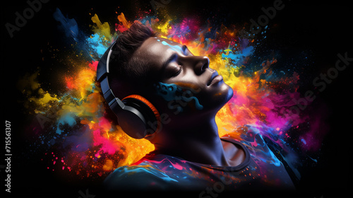 Positive man listening music with headphones on background with spectrum waves and powder explosion. Stylish guy enjoying music inspired concept.