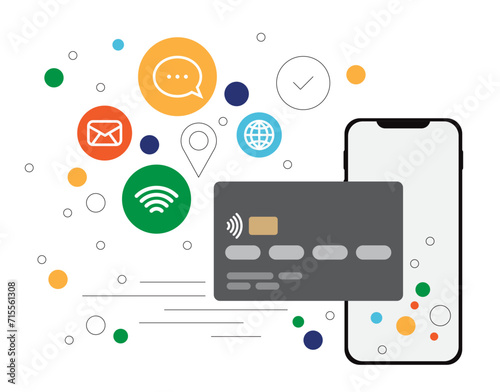 Illustration of the online banking in the smartphone with payments icons and credit card