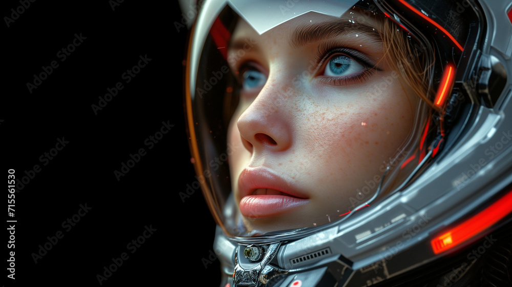 Captivating image a close up woman's face sci fi style. Futuristic artwork. The intricate details, and utilize soft lighting. A woman's attractive gaze. Black background. Captivating image a close up woman's face sci fi style. Futuristic artwork. The intricate details, and utilize soft lighting. A woman's attractive gaze. Black background.