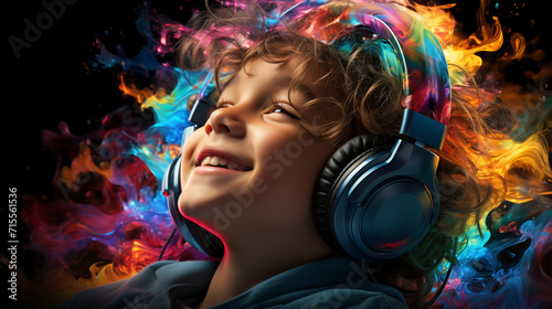 Cute little girl listening to music in headphones on bright background.