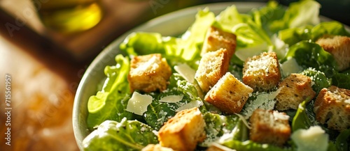 An appetizing vegetarian salad bursting with flavor and texture, featuring crisp leafy greens, crunchy croutons, and savory cheese, perfect for a light and satisfying meal