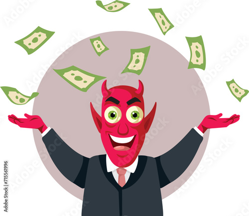 Evil Devil Throwing Money Up in the Air Vector Illustration. Unhappy monster billionaire making more and more profit 
