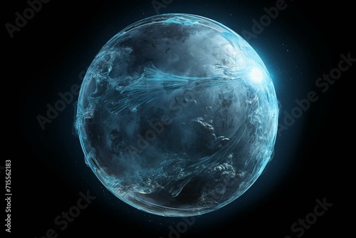 Abstract icy planet in outer space against a black background, featuring a 3D rendered object. Generative AI