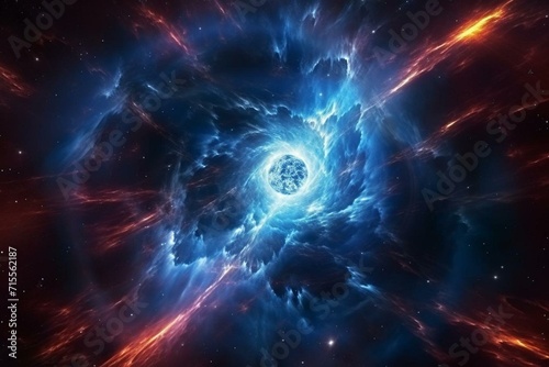 Rotating pulsar engulfed in nebula emitting bursts of high energy. 3D illustration of radiation flares from magnetar or neutron star in interstellar gas. Generative AI photo