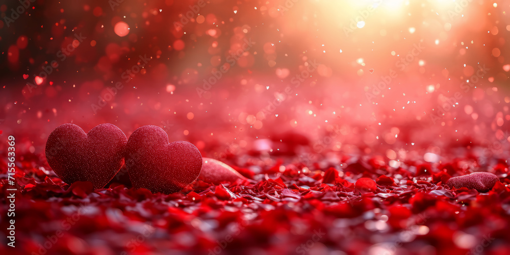 Sparkling red hearts with bokeh effect for a romantic theme, AI generated.
