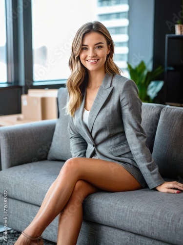 attractive smiling business woman in grey blazer sitting confidently on a grey sofa photo