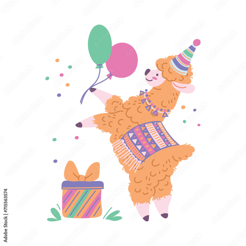 Cute alpaca on birthday, cartoon style vector illustration isolated on white