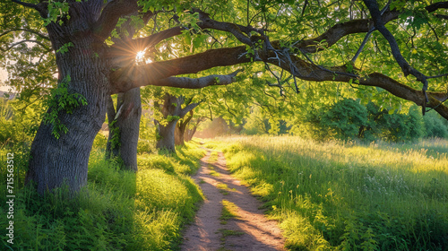 A peaceful countryside scene with a winding path leading under the sprawling branches of a mature mulberry tree. The dappled sunlight filtering through the leaves creates a charmin