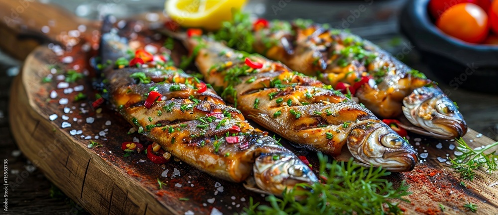 Fototapeta premium An appetizing display of various fish delicacies, including smoked tinapa and fried ikan bakar, complemented by zesty lemon and fresh fruits, all set upon a rustic wooden surface