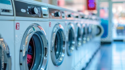 Row of industrial washing machines in public laundromat