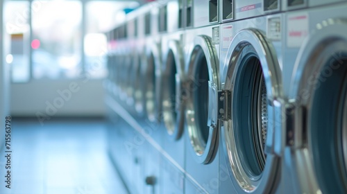 Row of industrial washing machines in public laundromat